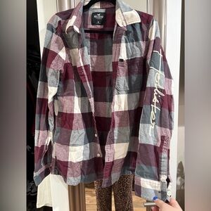 Hollister Burgundy and Gray Checkered Shirt